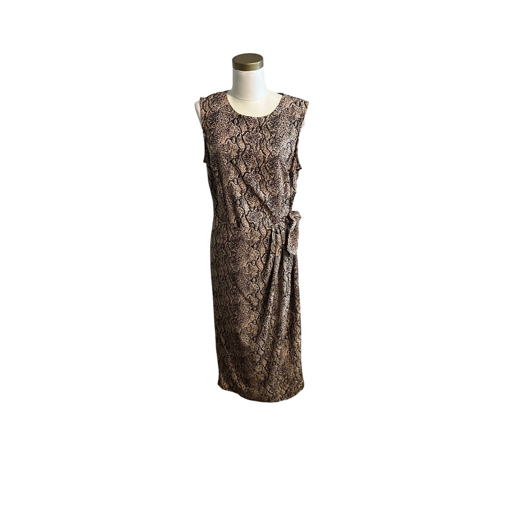 Sag Harbor Dress Brown Snakeskin Animal Print Sleeveless Midi Faux Wrap Size 12